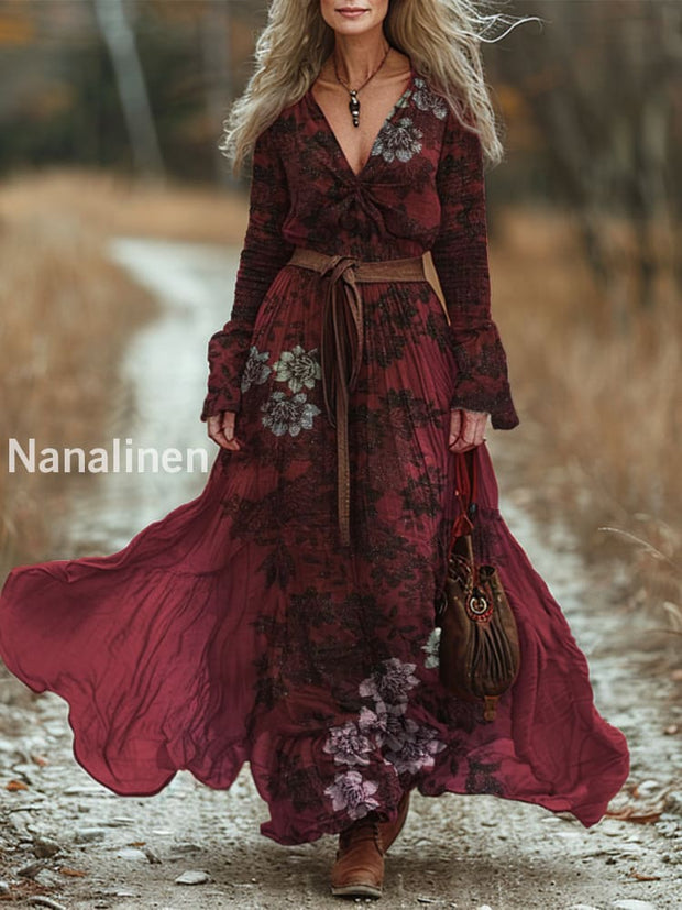 Retro Boho Floral Art Printed Vintage Chic V-Neck Belt Up Bohemian Long Sleeve Midi Dress A / S