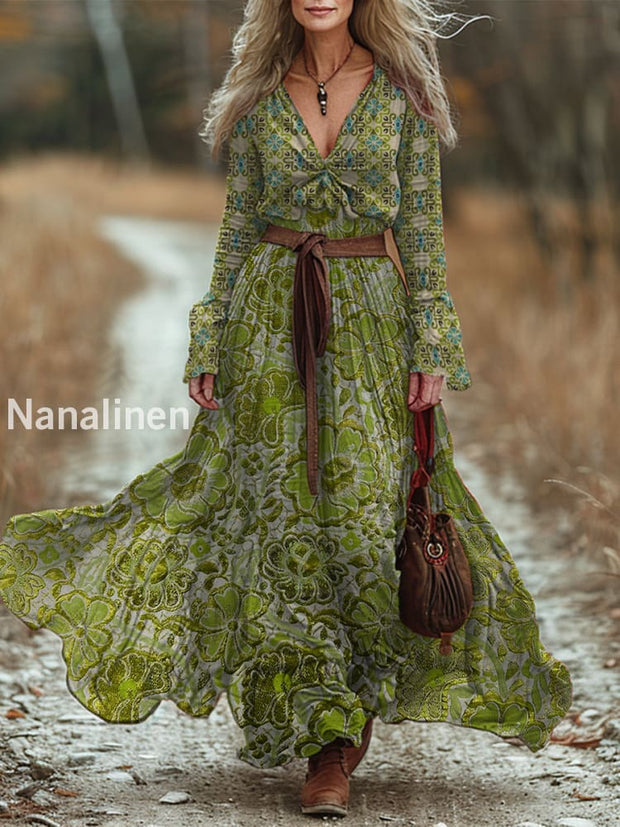 Retro Boho Floral Art Printed Vintage Chic V-Neck Belt Up Bohemian Long Sleeve Midi Dress A / S