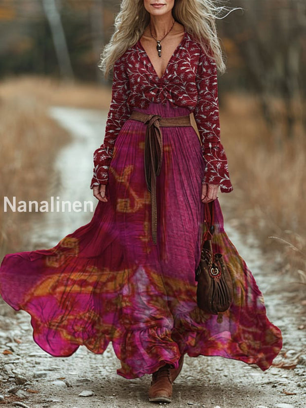 Retro Boho Floral Art Printed Vintage Chic V-Neck Belt Up Bohemian Long Sleeve Midi Dress A / S