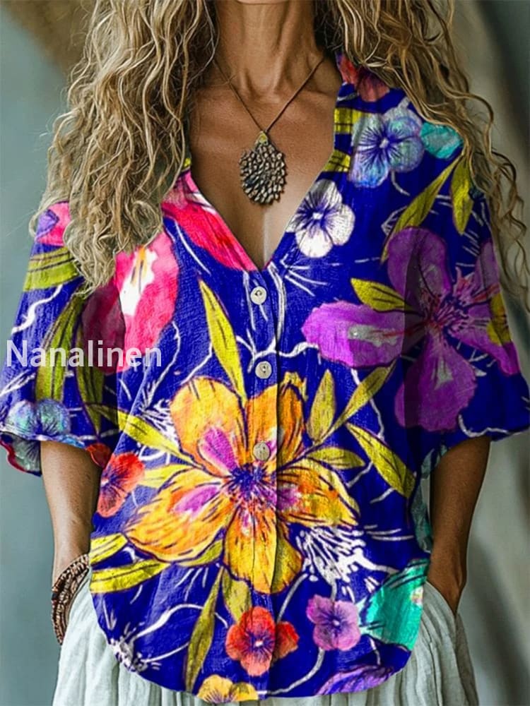 Retro Boho Floral Art Printed Vintage Chic V-Neck Button Cotton Short Sleeve Shirt A / S