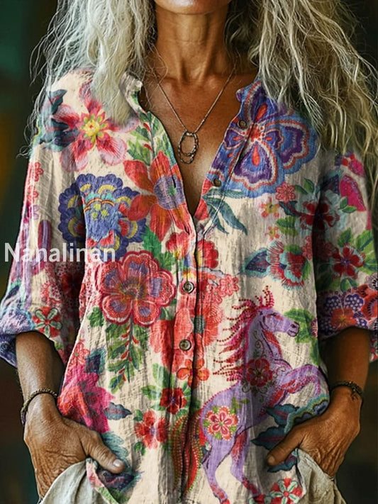 Retro Boho Floral Art Printed Vintage Chic V-Neck Button Pocket Cotton Long Sleeve Shirt A / S
