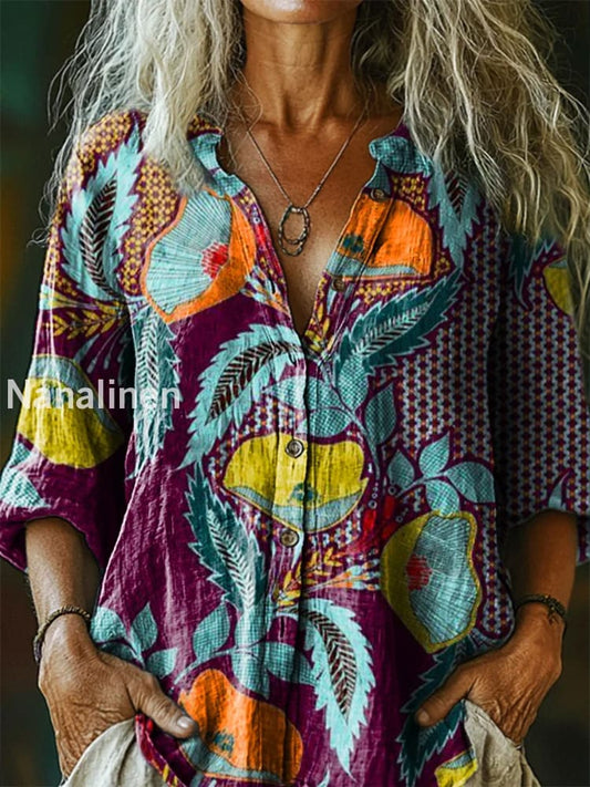 Retro Boho Floral Art Printed Vintage Chic V-Neck Button Pocket Cotton Long Sleeve Shirt A / S