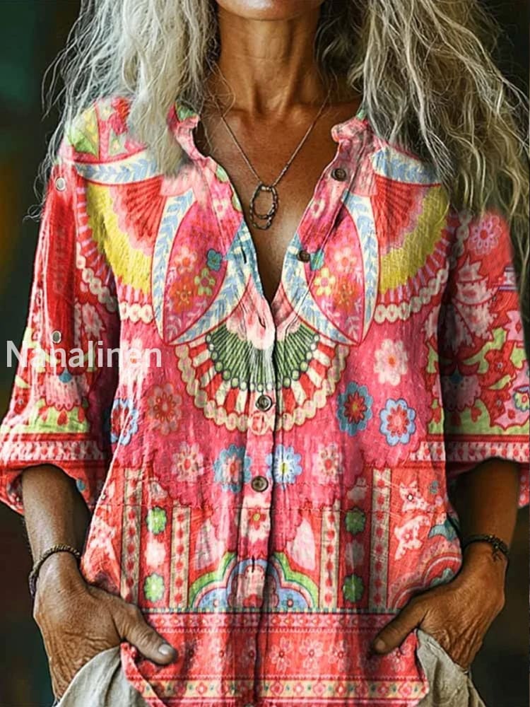 Retro Boho Floral Art Printed Vintage Chic V-Neck Button Pocket Cotton Long Sleeve Shirt A / S