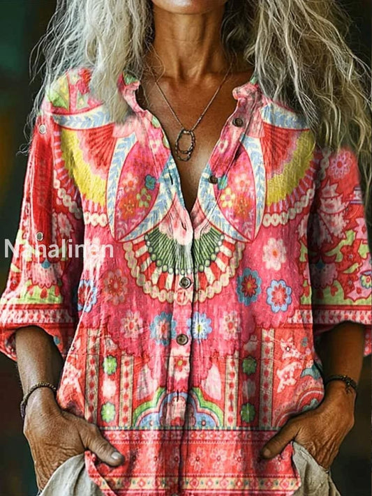 Retro Boho Floral Art Printed Vintage Chic V-Neck Button Pocket Cotton Long Sleeve Shirt A / S