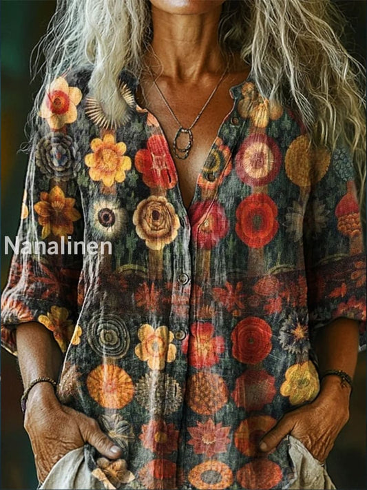 Retro Boho Floral Art Printed Vintage Chic V-Neck Button Pocket Cotton Long Sleeve Shirt A / S
