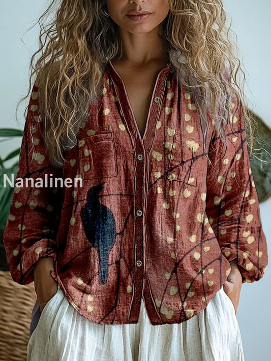 Retro Boho Floral Art Printed Vintage Chic V-Neck Button Pocket Cotton Long Sleeve Shirt A / S