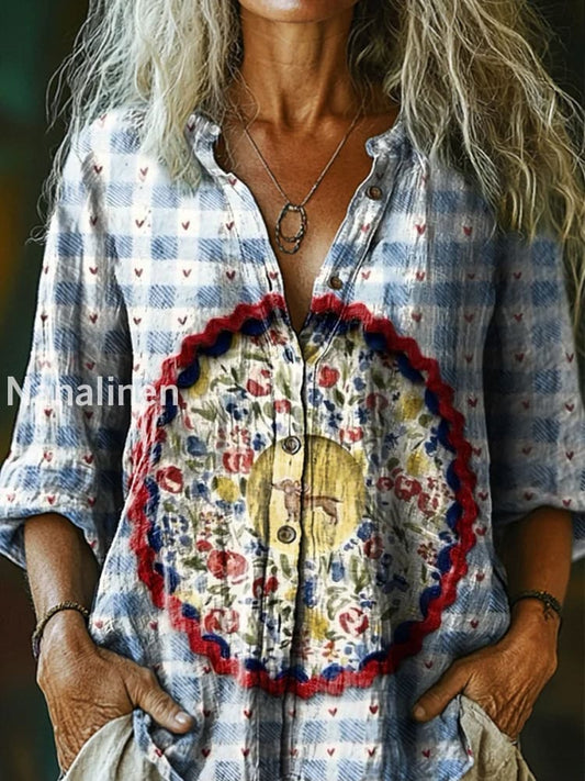 Retro Boho Floral Art Printed Vintage Chic V-Neck Button Pocket Cotton Long Sleeve Shirt A / S