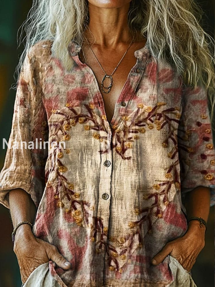 Retro Boho Floral Art Printed Vintage Chic V-Neck Button Pocket Cotton Long Sleeve Shirt A / S