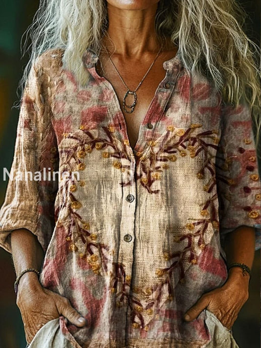 Retro Boho Floral Art Printed Vintage Chic V-Neck Button Pocket Cotton Long Sleeve Shirt A / S