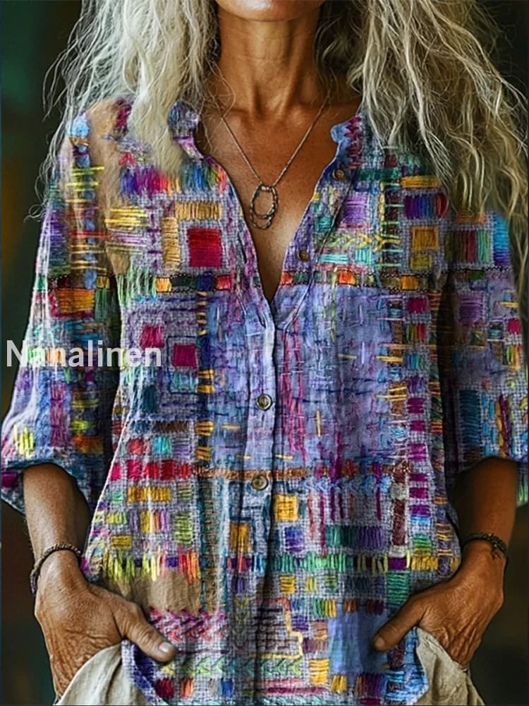 Retro Boho Floral Art Printed Vintage Chic V-Neck Button Pocket Cotton Long Sleeve Shirt A / S