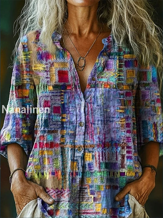 Retro Boho Floral Art Printed Vintage Chic V-Neck Button Pocket Cotton Long Sleeve Shirt A / S