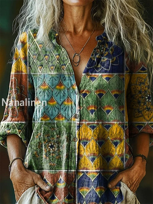 Retro Boho Floral Art Printed Vintage Chic V-Neck Button Pocket Cotton Long Sleeve Shirt A / S