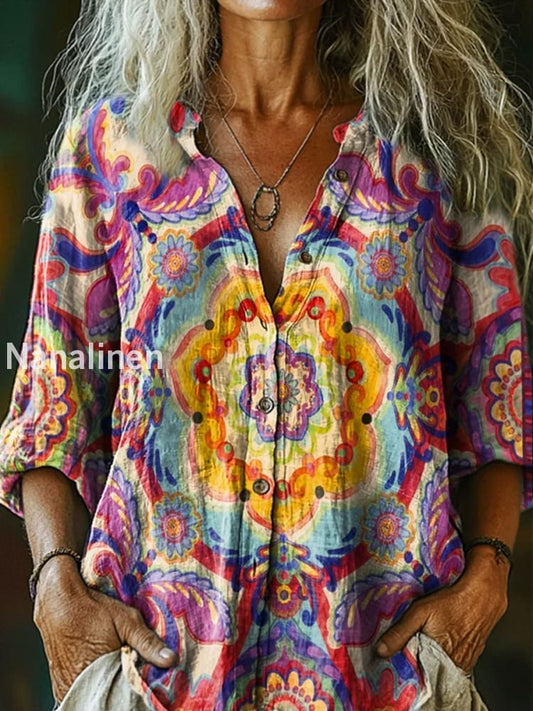 Retro Boho Floral Art Printed Vintage Chic V-Neck Button Pocket Cotton Long Sleeve Shirt A / S