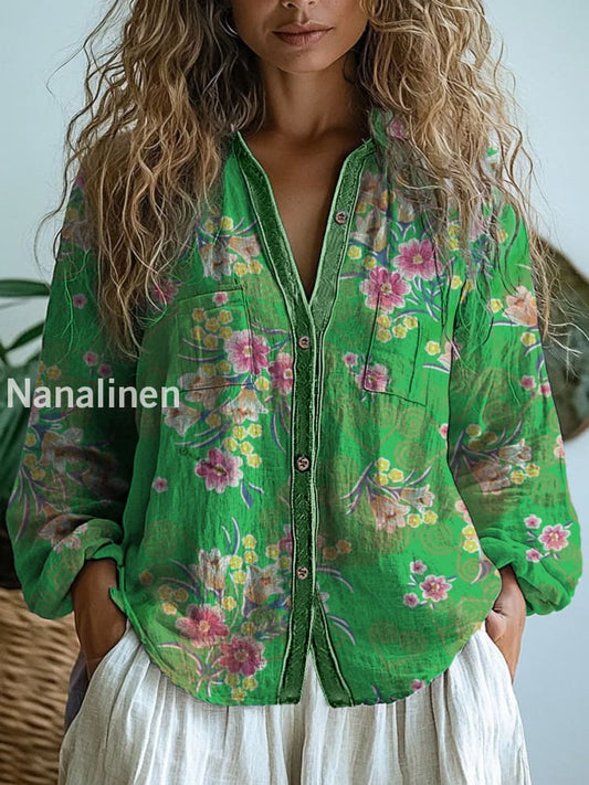 Retro Boho Floral Art Printed Vintage Chic V-Neck Button Pocket Cotton Long Sleeve Shirt A / S
