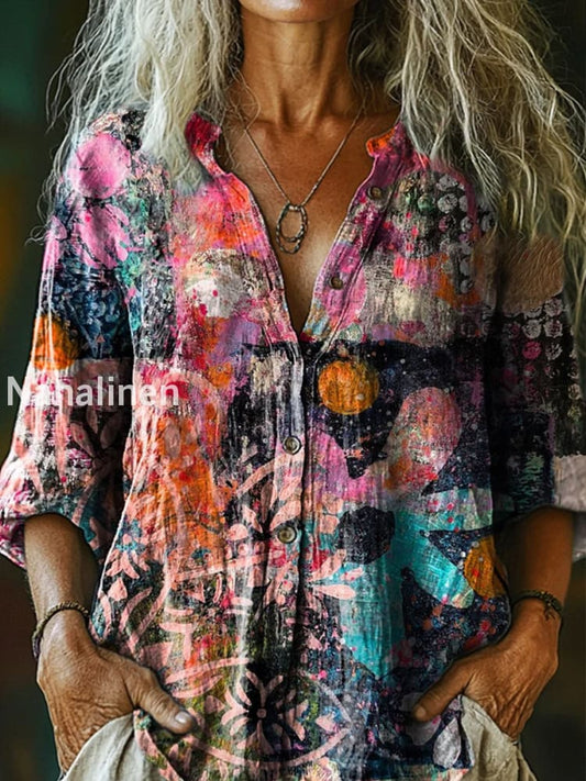 Retro Boho Floral Art Printed Vintage Chic V-Neck Button Pocket Cotton Long Sleeve Shirt A / S
