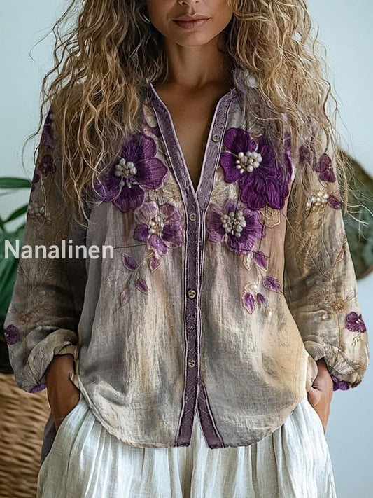Retro Boho Floral Art Printed Vintage Chic V-Neck Button Pocket Cotton Long Sleeve Shirt A / S