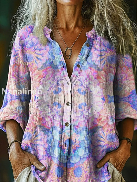 Retro Boho Floral Art Printed Vintage Chic V-Neck Button Pocket Cotton Long Sleeve Shirt A / S