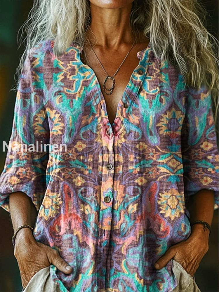 Retro Boho Floral Art Printed Vintage Chic V-Neck Button Pocket Cotton Long Sleeve Shirt A / S