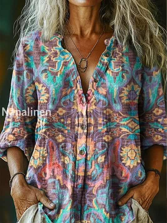 Retro Boho Floral Art Printed Vintage Chic V-Neck Button Pocket Cotton Long Sleeve Shirt A / S