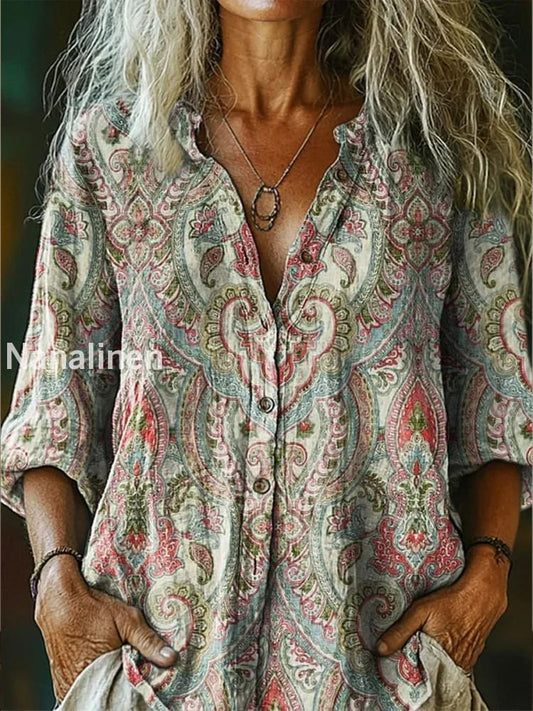 Retro Boho Floral Art Printed Vintage Chic V-Neck Button Pocket Cotton Long Sleeve Shirt A / S