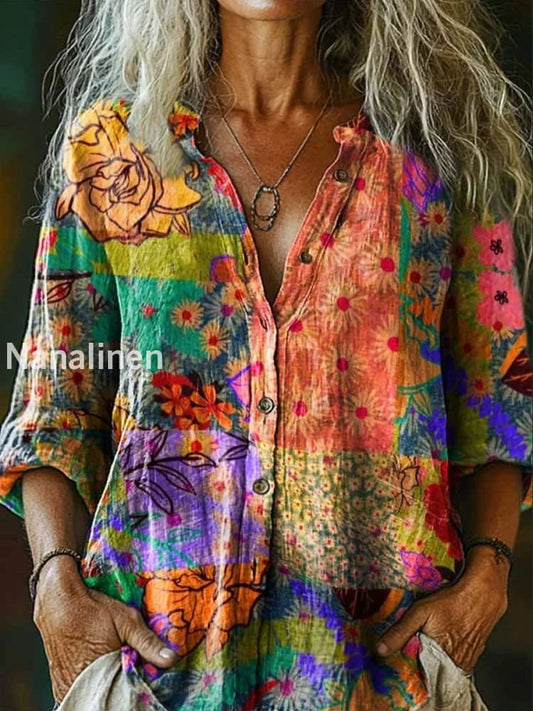 Retro Boho Floral Art Printed Vintage Chic V-Neck Button Pocket Cotton Long Sleeve Shirt A / S