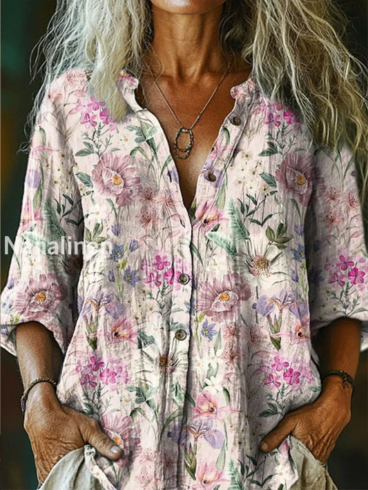 Retro Boho Floral Art Printed Vintage Chic V-Neck Button Pocket Cotton Long Sleeve Shirt A / S