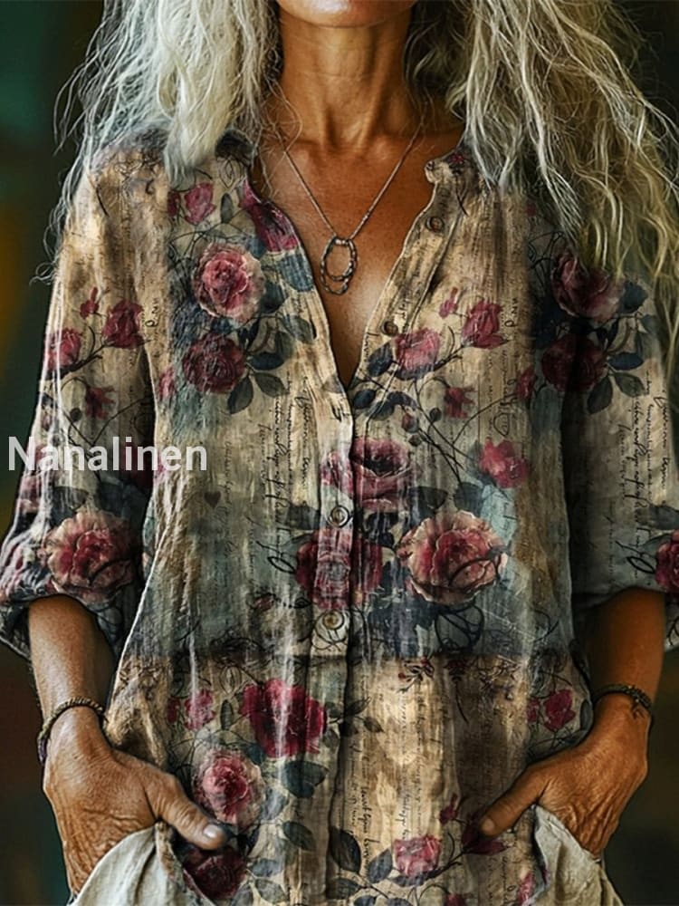 Retro Boho Floral Art Printed Vintage Chic V-Neck Button Pocket Cotton Long Sleeve Shirt A / S