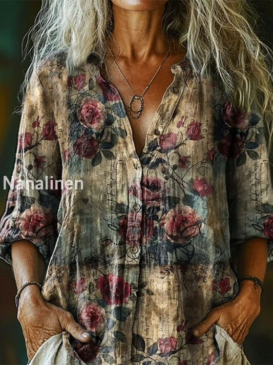 Retro Boho Floral Art Printed Vintage Chic V-Neck Button Pocket Cotton Long Sleeve Shirt A / S