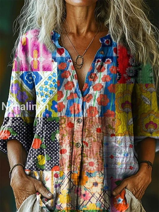 Retro Boho Floral Art Printed Vintage Chic V-Neck Button Pocket Cotton Long Sleeve Shirt A / S