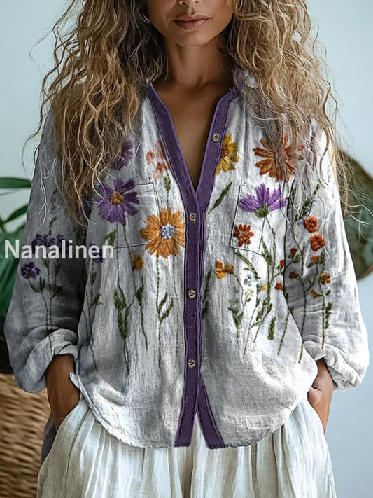 Retro Boho Floral Art Printed Vintage Chic V-Neck Button Pocket Cotton Long Sleeve Shirt A / S