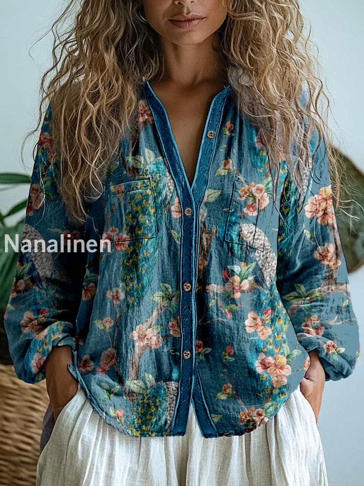 Retro Boho Floral Art Printed Vintage Chic V-Neck Button Pocket Cotton Long Sleeve Shirt A / S