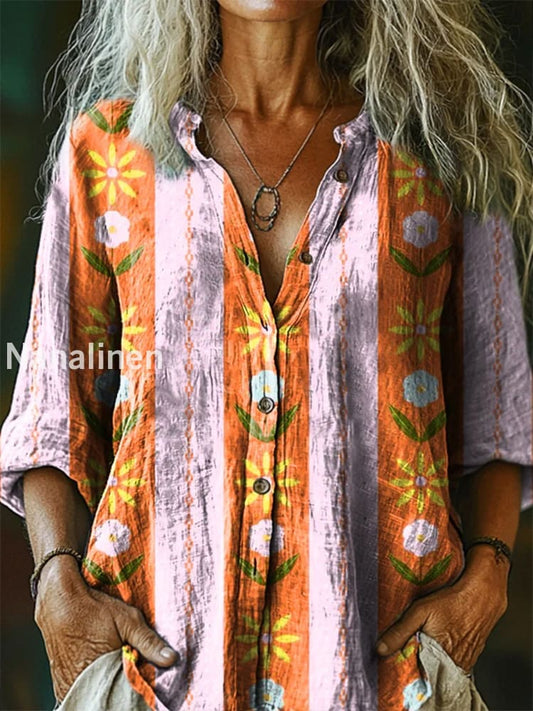 Retro Boho Floral Art Printed Vintage Chic V-Neck Button Pocket Cotton Long Sleeve Shirt A / S