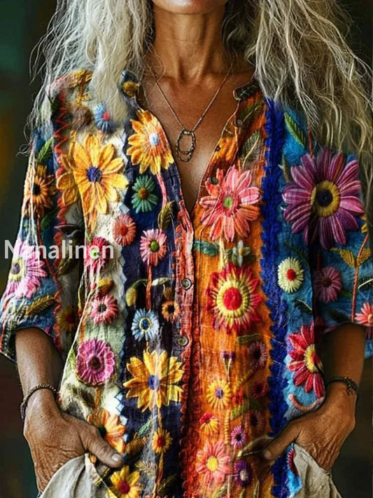 Retro Boho Floral Art Printed Vintage Chic V-Neck Button Pocket Cotton Long Sleeve Shirt A / S