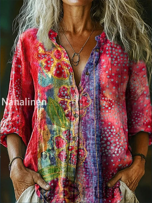 Retro Boho Floral Art Printed Vintage Chic V-Neck Button Pocket Cotton Long Sleeve Shirt A / S