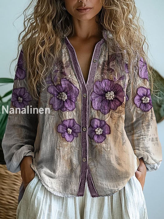 Retro Boho Floral Art Printed Vintage Chic V-Neck Button Pocket Cotton Long Sleeve Shirt A / S