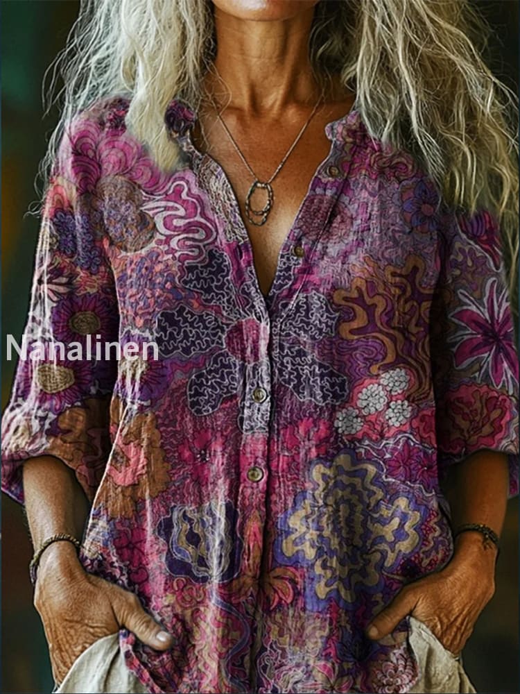 Retro Boho Floral Art Printed Vintage Chic V-Neck Button Pocket Cotton Long Sleeve Shirt A / S