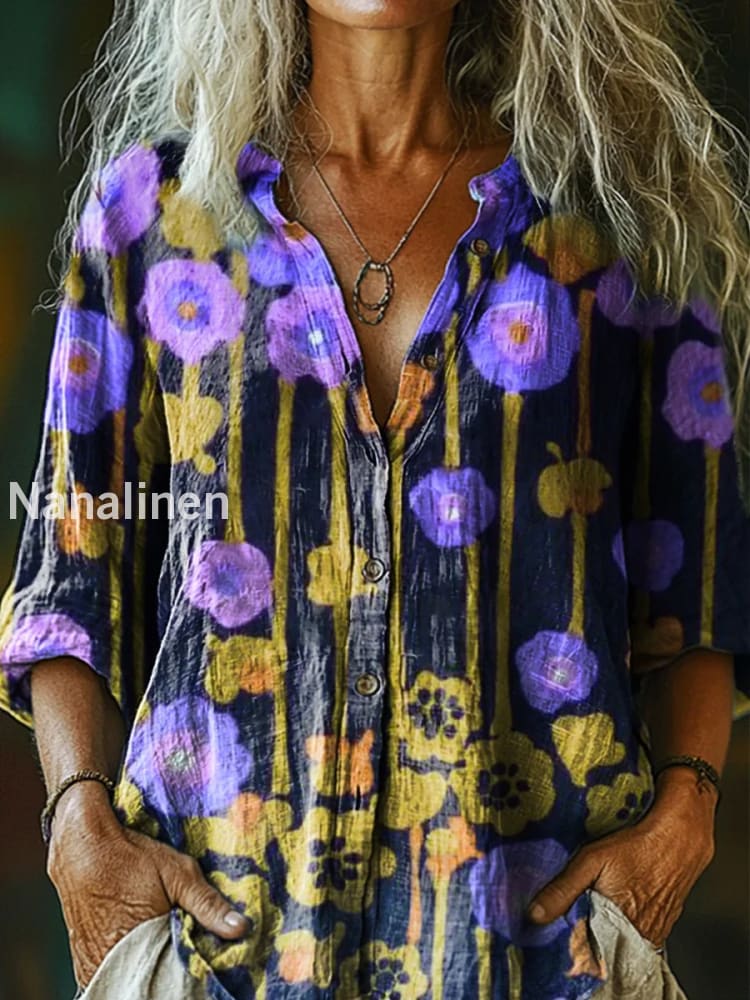 Retro Boho Floral Art Printed Vintage Chic V-Neck Button Pocket Cotton Long Sleeve Shirt A / S