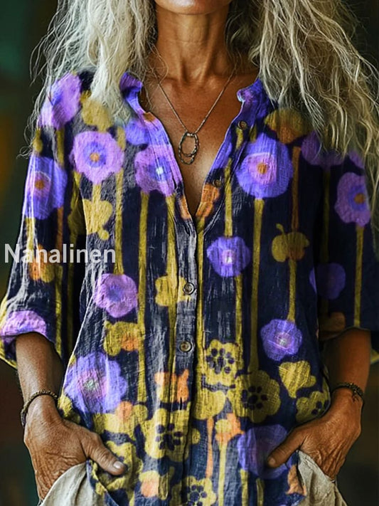 Retro Boho Floral Art Printed Vintage Chic V-Neck Button Pocket Cotton Long Sleeve Shirt A / S