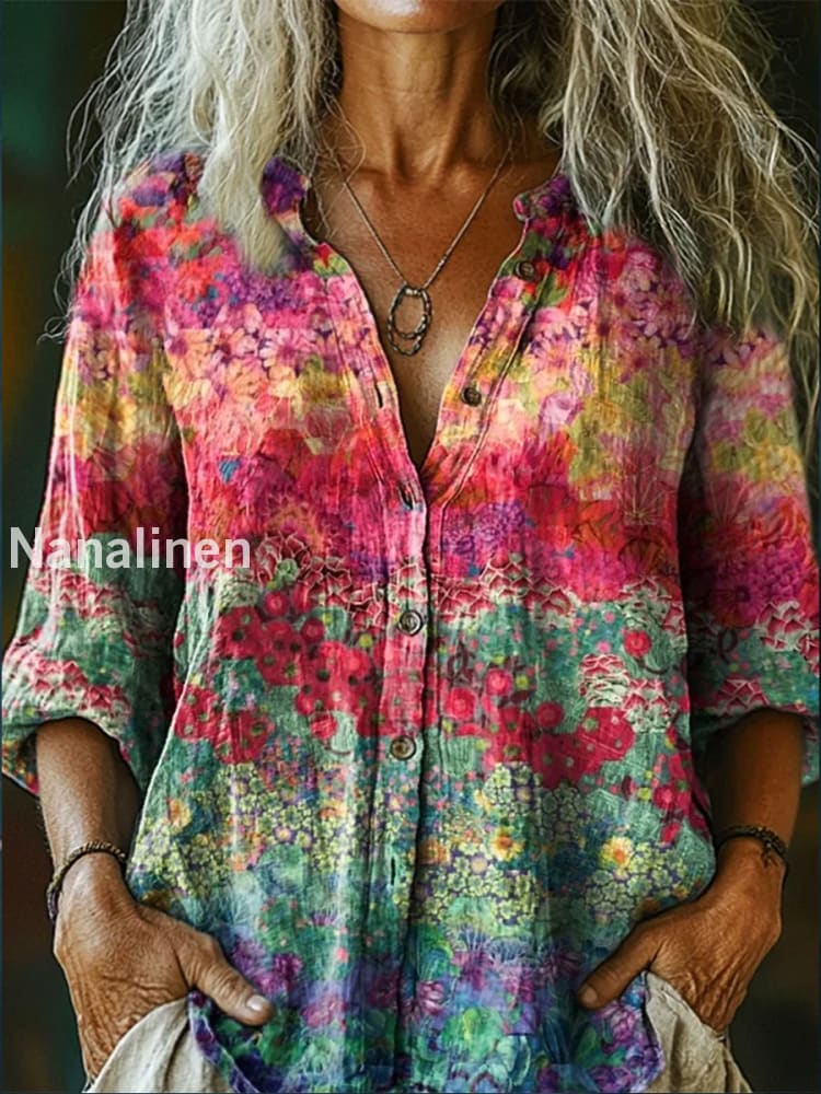 Retro Boho Floral Art Printed Vintage Chic V-Neck Button Pocket Cotton Long Sleeve Shirt A / S
