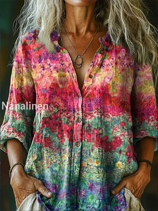 Retro Boho Floral Art Printed Vintage Chic V-Neck Button Pocket Cotton Long Sleeve Shirt A / S