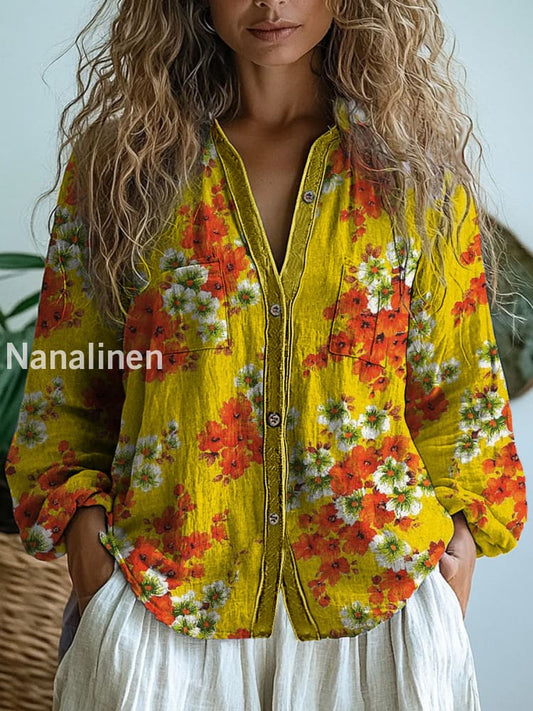 Retro Boho Floral Art Printed Vintage Chic V-Neck Button Pocket Cotton Long Sleeve Shirt A / S