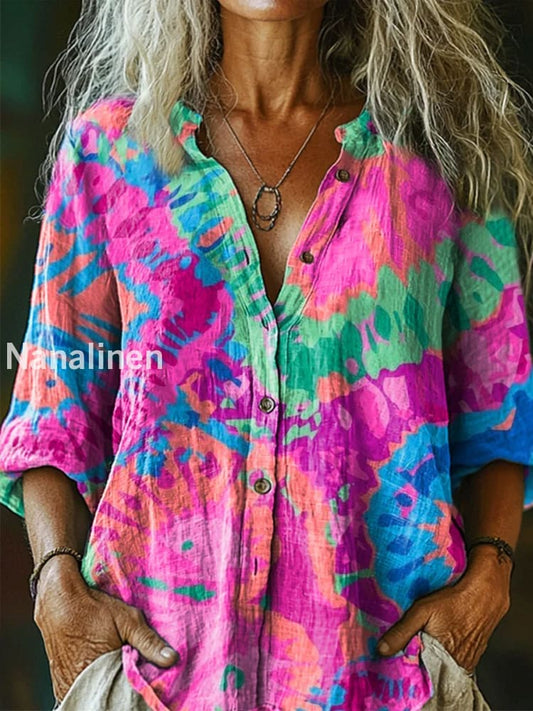 Retro Boho Floral Art Printed Vintage Chic V-Neck Button Pocket Cotton Long Sleeve Shirt A / S