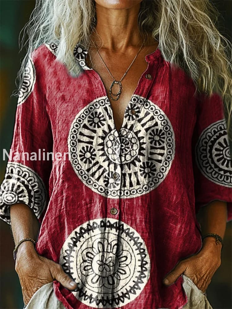 Retro Boho Floral Art Printed Vintage Chic V-Neck Button Pocket Cotton Long Sleeve Shirt A / S