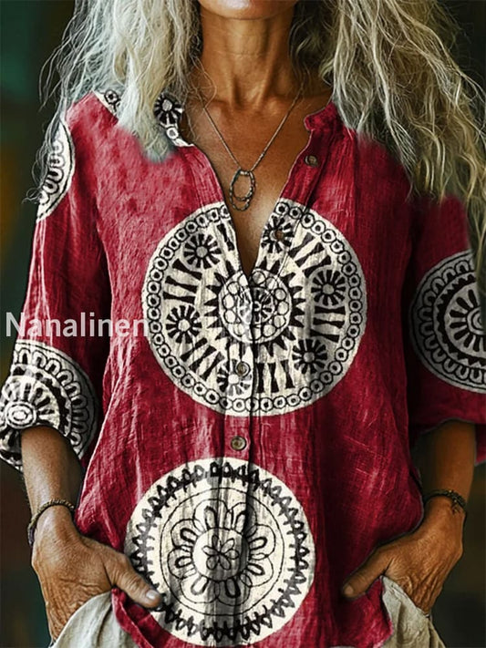 Retro Boho Floral Art Printed Vintage Chic V-Neck Button Pocket Cotton Long Sleeve Shirt A / S