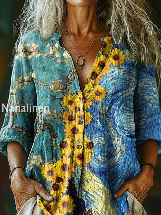 Retro Boho Floral Art Printed Vintage Chic V-Neck Button Pocket Cotton Long Sleeve Shirt A / S