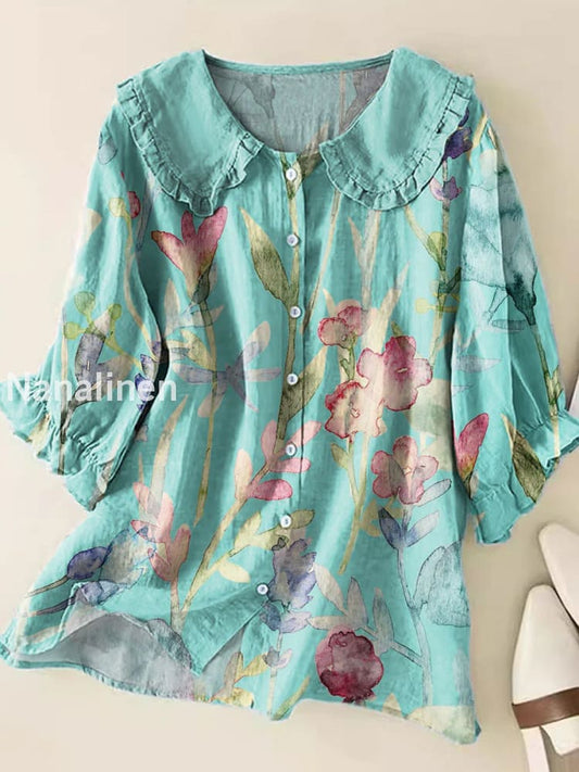 Retro Boho Floral Art Printed Vintage Ruffle Round Neck Button Short Sleeve Shirt A / S