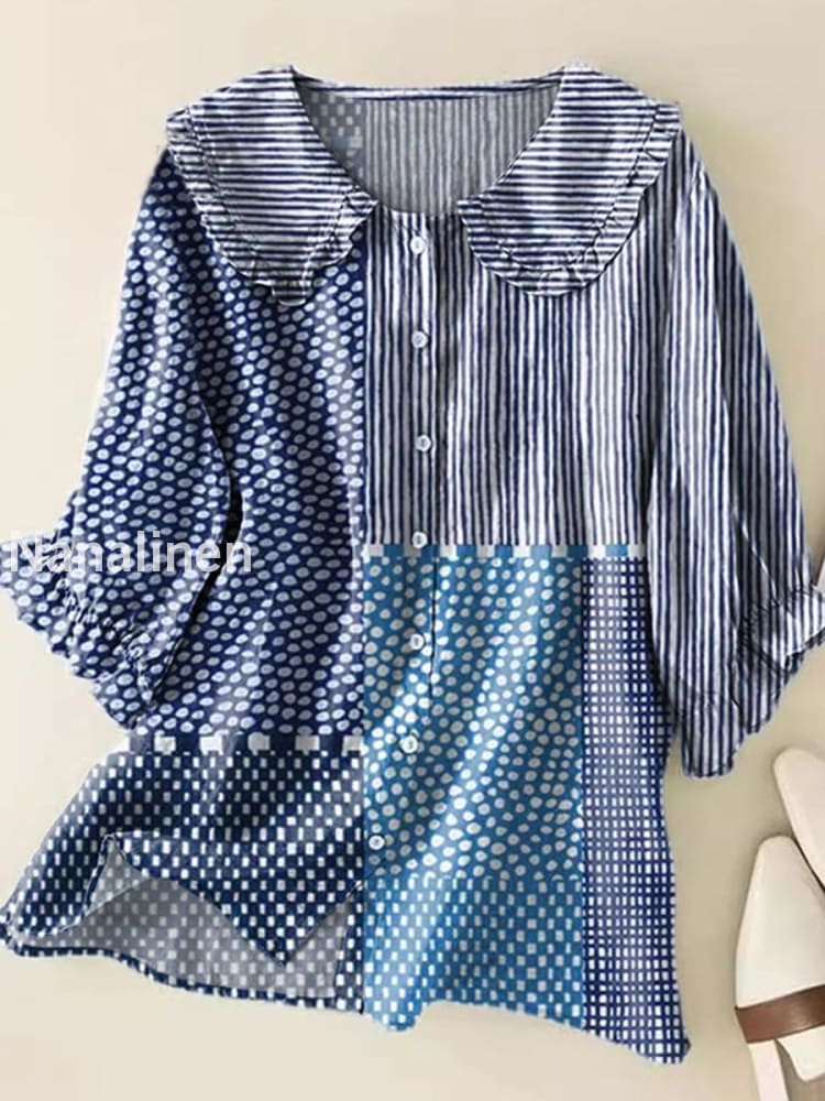 Retro Boho Floral Art Printed Vintage Ruffle Round Neck Button Short Sleeve Shirt A / S