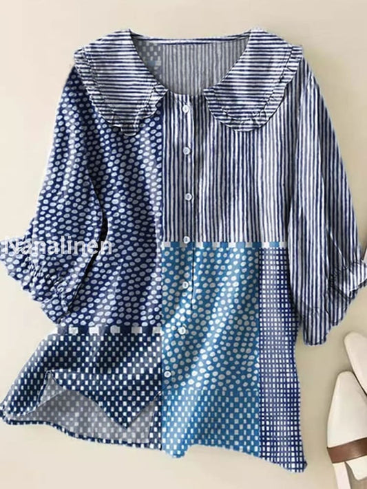 Retro Boho Floral Art Printed Vintage Ruffle Round Neck Button Short Sleeve Shirt A / S