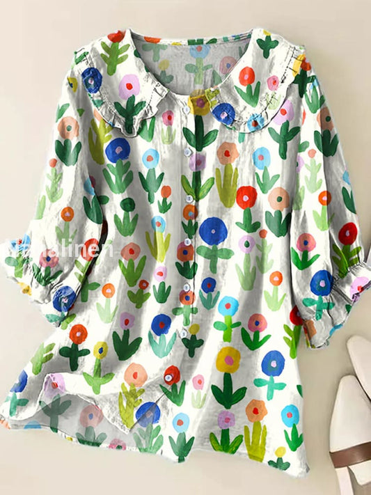 Retro Boho Floral Art Printed Vintage Ruffle Round Neck Button Short Sleeve Shirt A / S