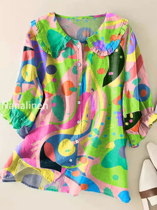 Retro Boho Floral Art Printed Vintage Ruffle Round Neck Button Short Sleeve Shirt A / S
